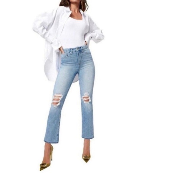 Good American Denim - NWT good American size 2 good boy jeans Indigo085 Destroyed knee crop
